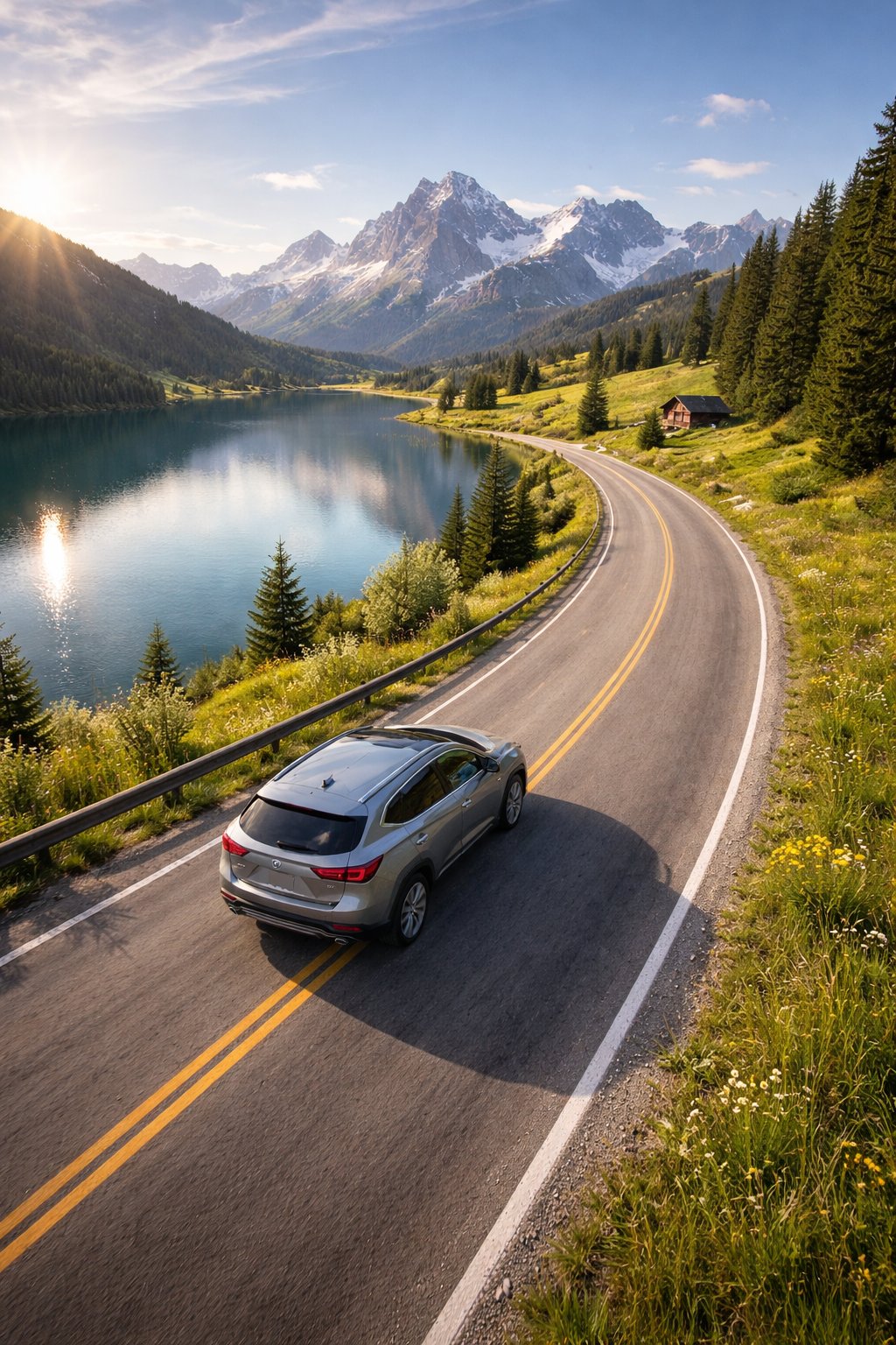 Fahrzeug auf breiter Stadtallee mit Hochhäusern